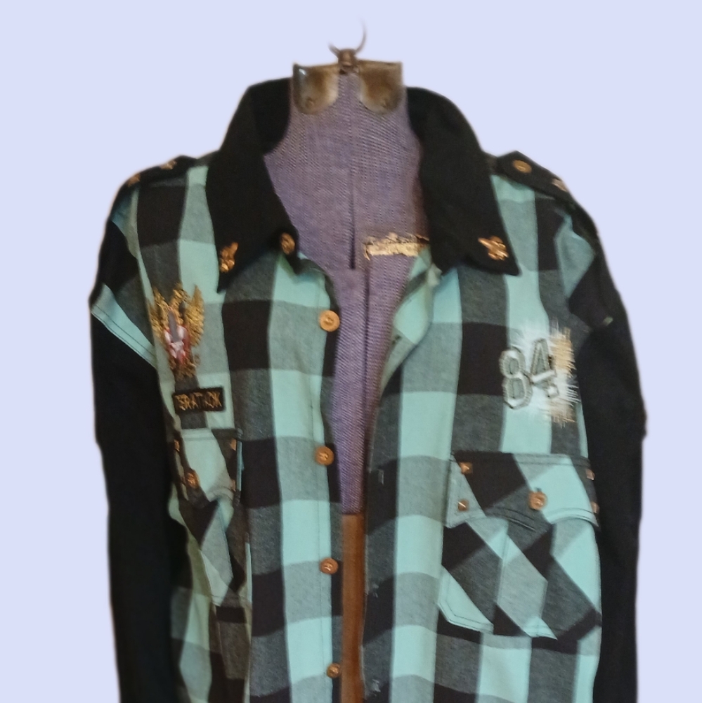 Big and Tall Counter Attack Button Up Long Sleeve Black Teal Plaid Shirt Men XXL